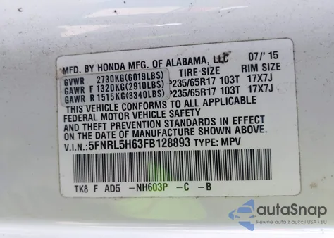 2015 Honda Odyssey Ex-L from USA, damaged, VIN 5FNRL5H63FB128893
